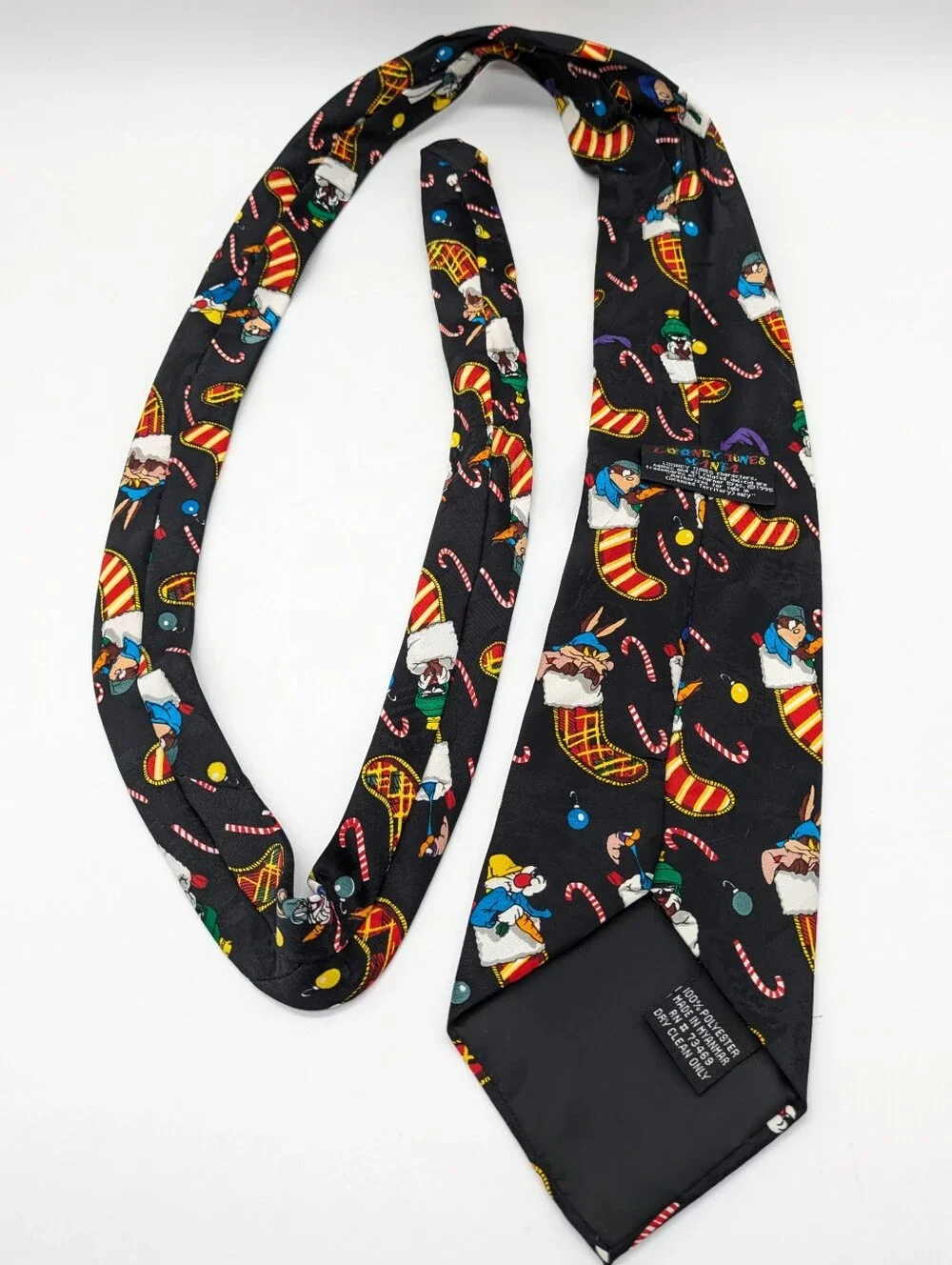 Vintage Looney Toons Mania Black Red Christmas Holiday Stocking Polyester Tie